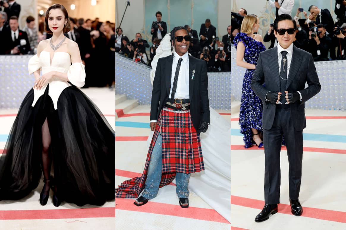 Lily Collins in Vera Wang, Asap Rocky in Gucci and Ke Huy Quan in Dior for the Met Gala 2023. Image courtesy from left to right: Cartier, Gucci, Dior