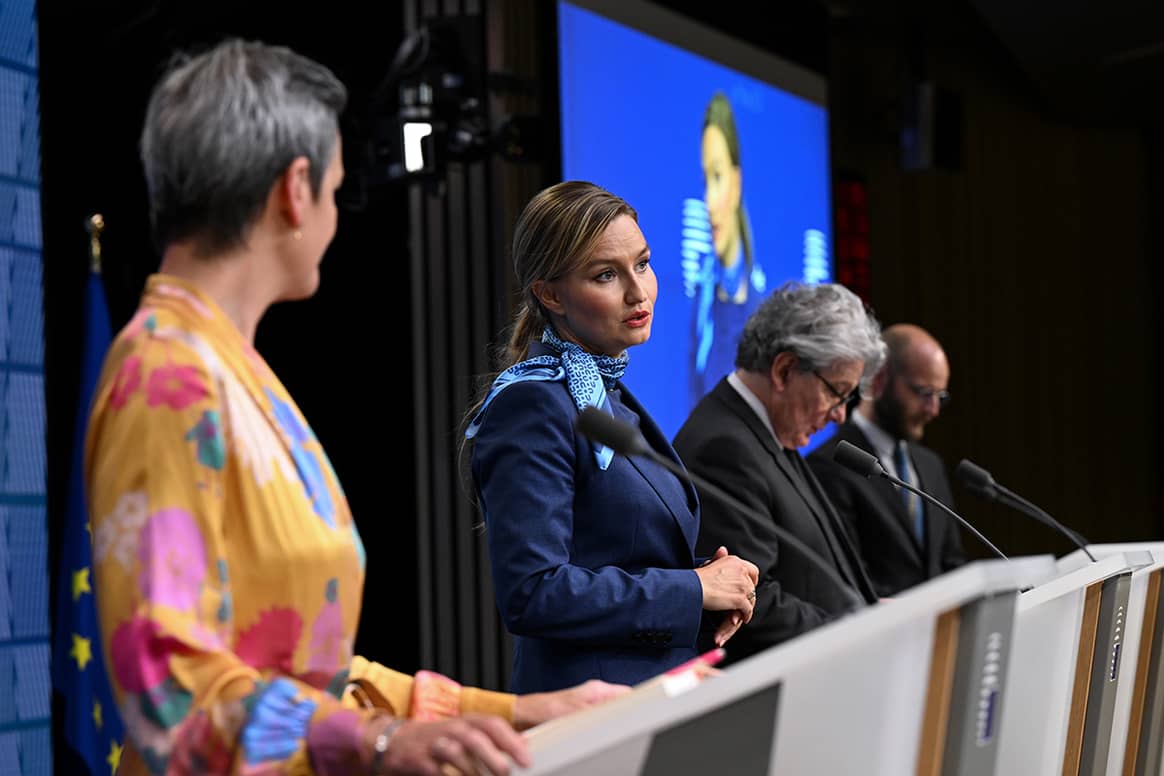 Photo Credits: Rueda de prensa con Margrethe Vestager, Ebba Busch y Thierry Breton, posterior a la reunión del Consejo de la Unión Europea celebra en Bruselas el 22 de mayo de 2023. Unión Europea.