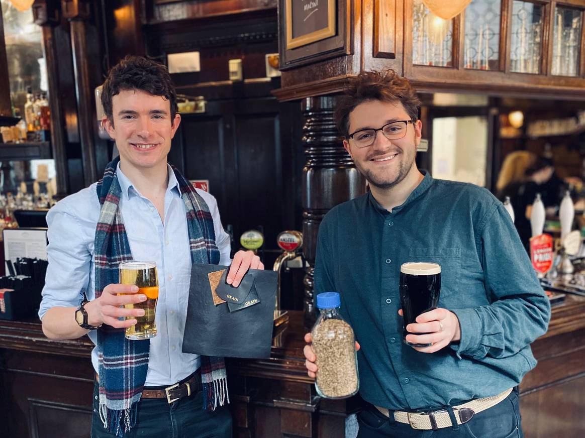 Edward Mitchell (left) and Brett Cotten (right) of Arda Biomaterials with the raw material, the leather-like innovation and a well-deserved beer. Image: Arda Biomaterials
