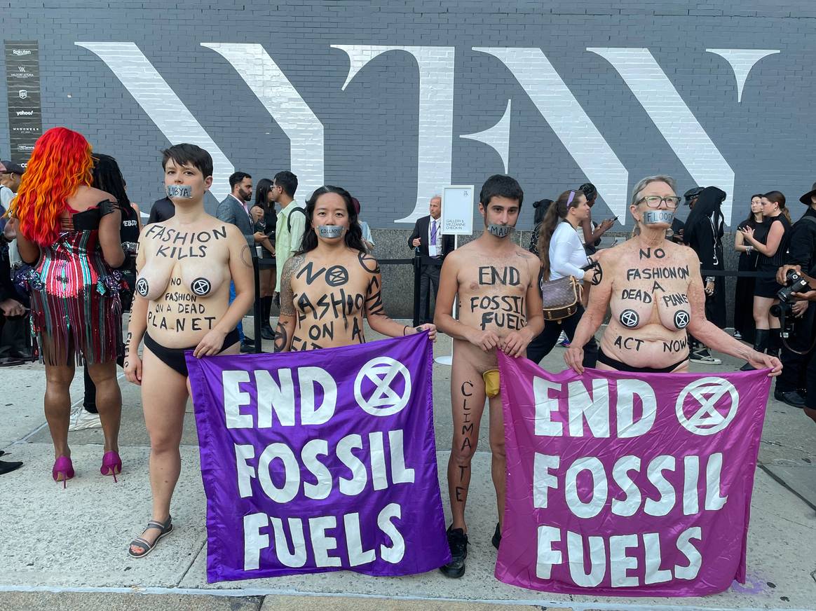 Extinction Rebellion protesters outside NYFW SS24 event.