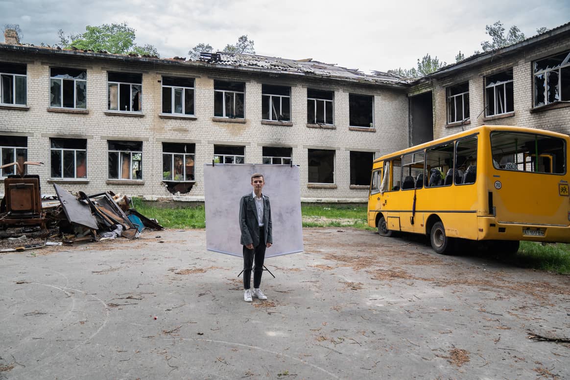 The Burberry Foundation x Save the Children ‘Life Chances’ – Ivan, 17, poses for a portrait at his damaged school outside of Kyiv