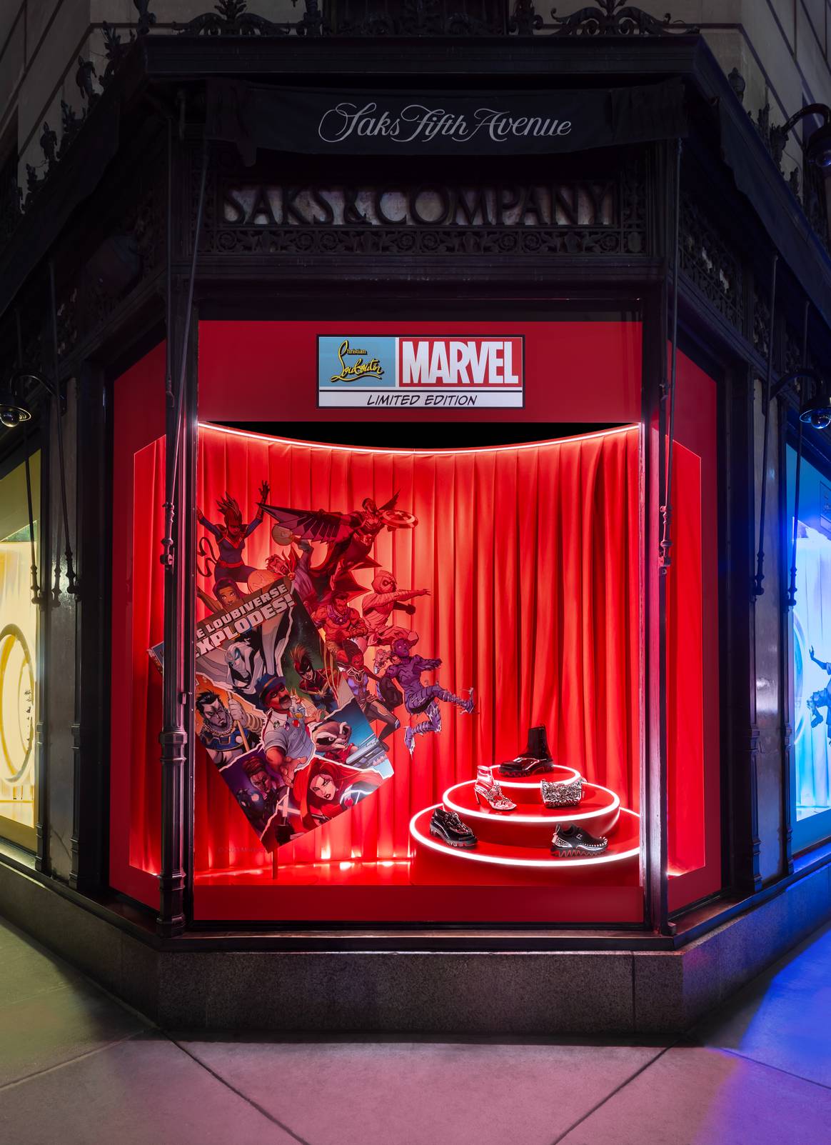 Christian Louboutin x Marvel capsule collection window at Saks in New York