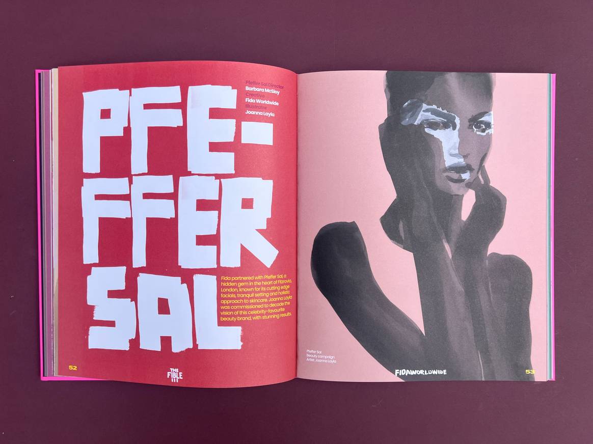 Double page spread featuring illustration collab between Fida artists and beauty brand Pfeffersal