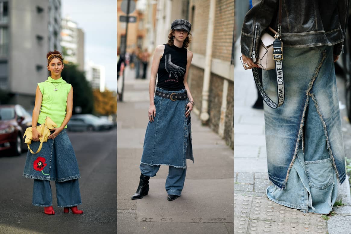 Skirt-trouser combo street style trend SS24.