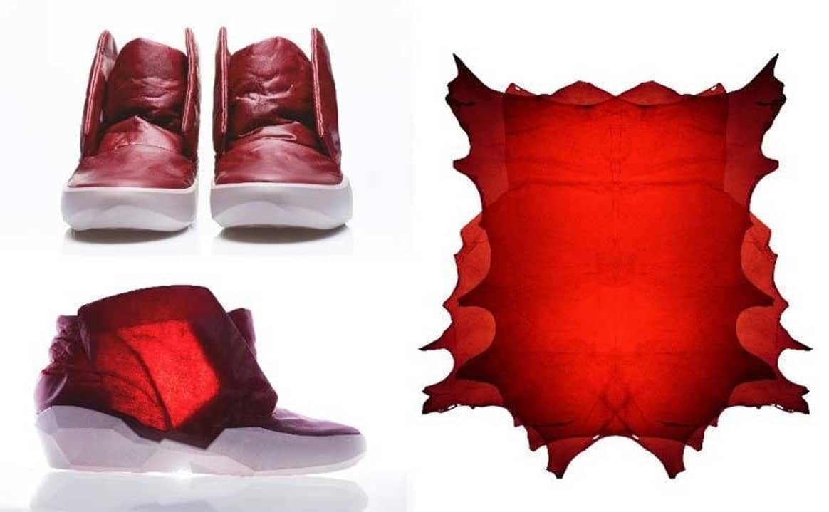 While the garments and shoes, specially designed by Sruli Recht, are based on natural amber, transparent green, black, brown-orange, bone and blood red, any colour is theoretically possible. The 1/1 Apparition sneaker was designed by Sruli Recht to showcase the new leather, which is why it lacks other distracting elements such as logos, laces or hardware. Credits: Ecco Leather