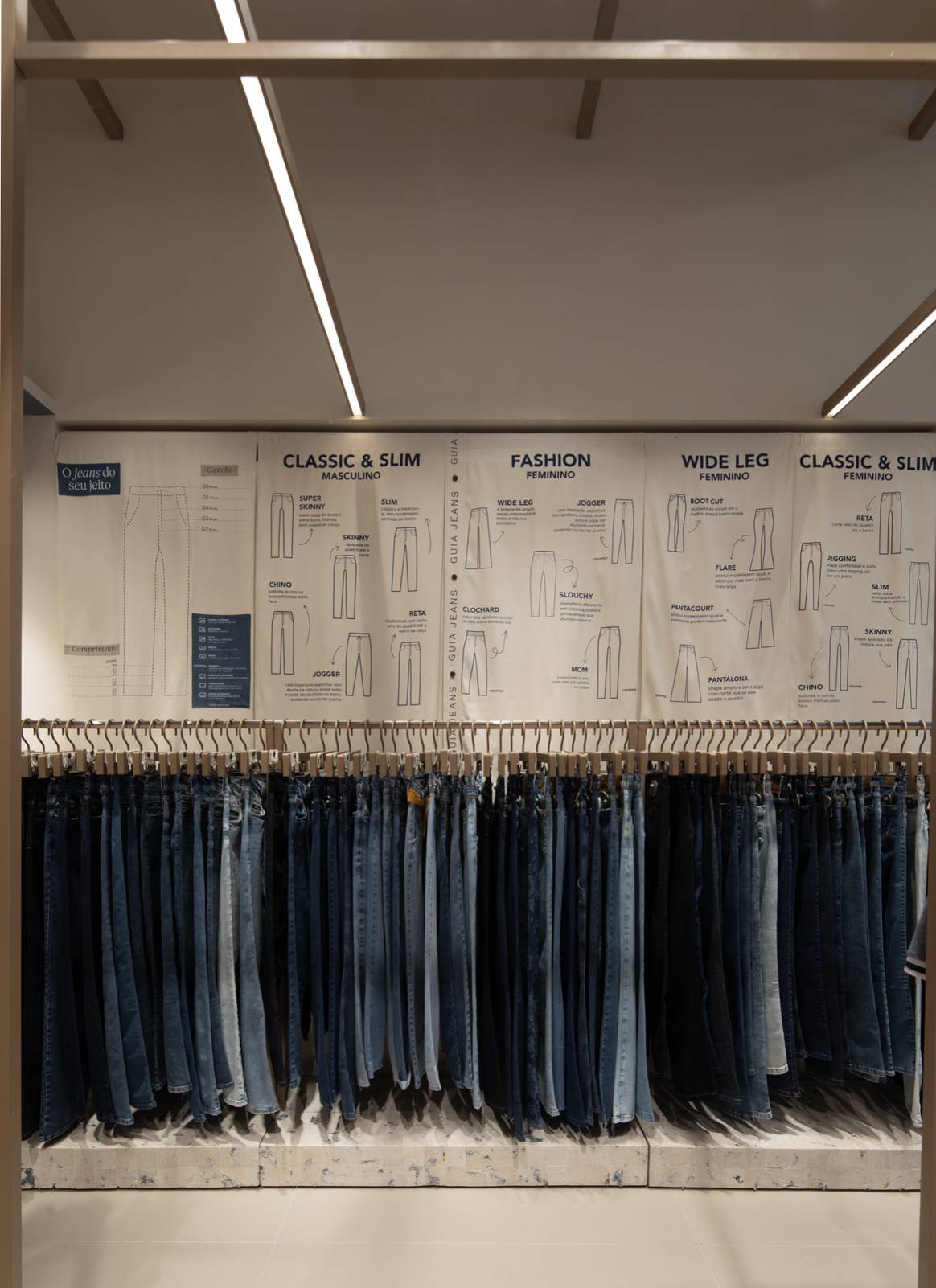 Interior da loja com guia jeans na parede