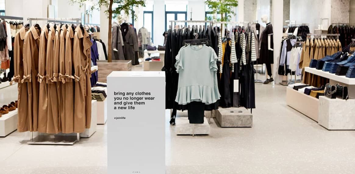 A fusion of masculine and feminine styles with clean silhouettes and a "mineral-inspired" color palette. Products are made to meet health, safety, and environmental sustainability standards. Bring in old clothes to donate and Zara will collect in containers in stores. Over 300 containers in Spain, Portugal, and selected stores in the UK, Ireland, Holland, Sweden and Denmark. Credits: Zara