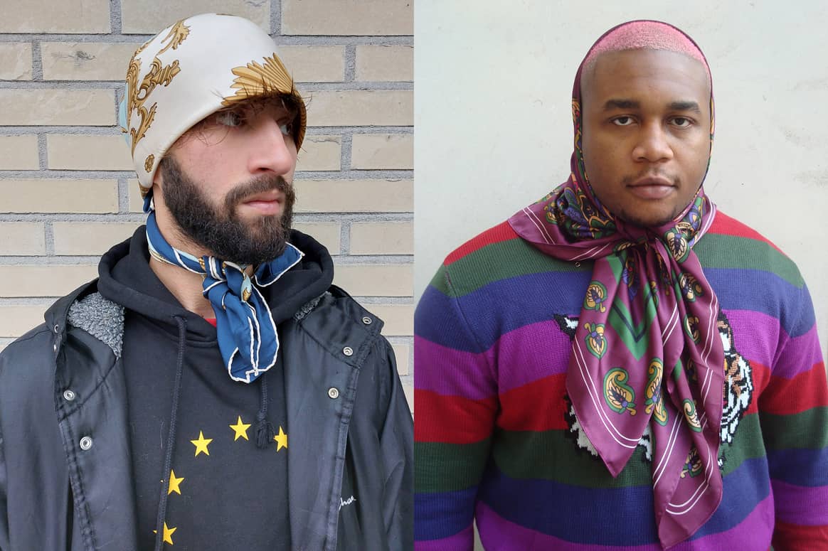 Streetstyle fotografie van Edwin van den Hoek in Amsterdam (links) en New York (rechts). “De mannen dragen klassieke Hermès sjaals. Hier wordt met traditie en gender gespeeld,” aldus Van den Hoek. Credits: eigendom Edwin van den Hoek