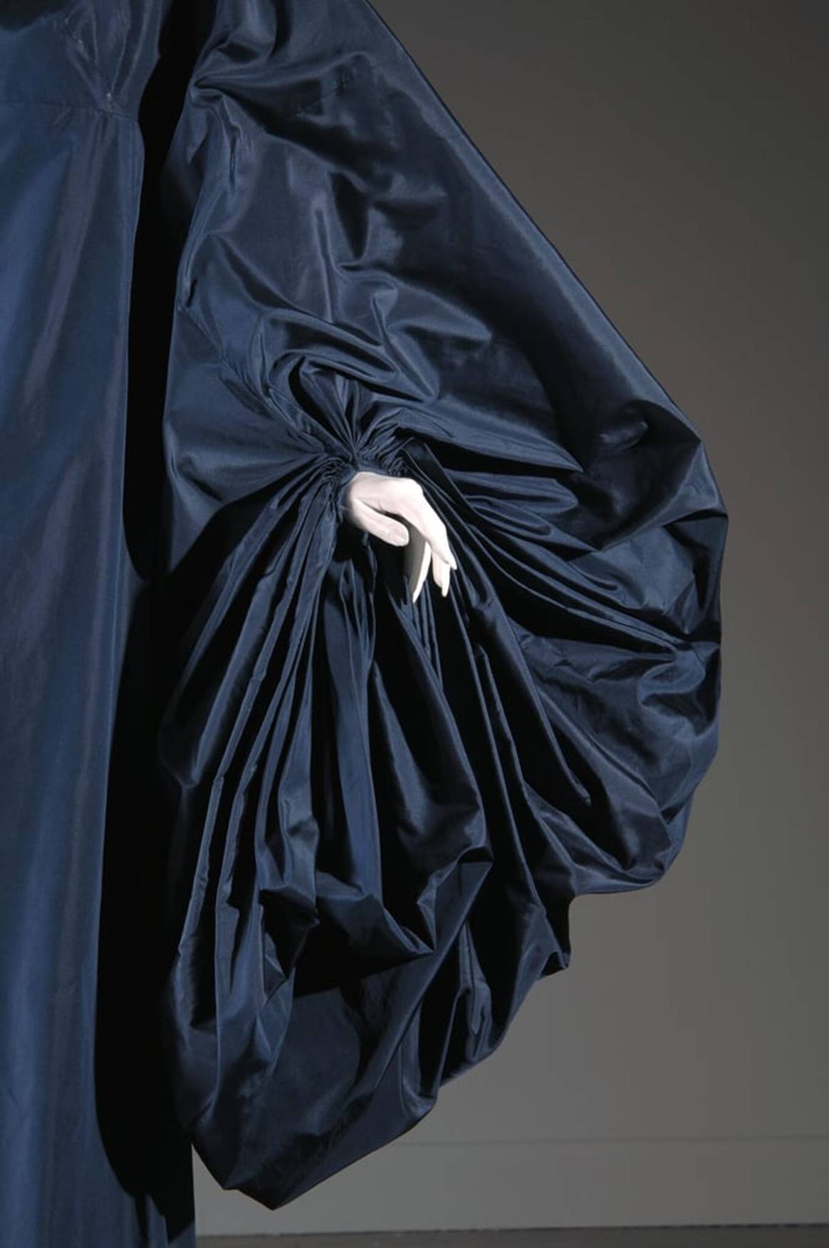 Madame Grès, navy blue silk taffeta evening gown, circa 1980. Gift of Mrs. Mildred Hilson.