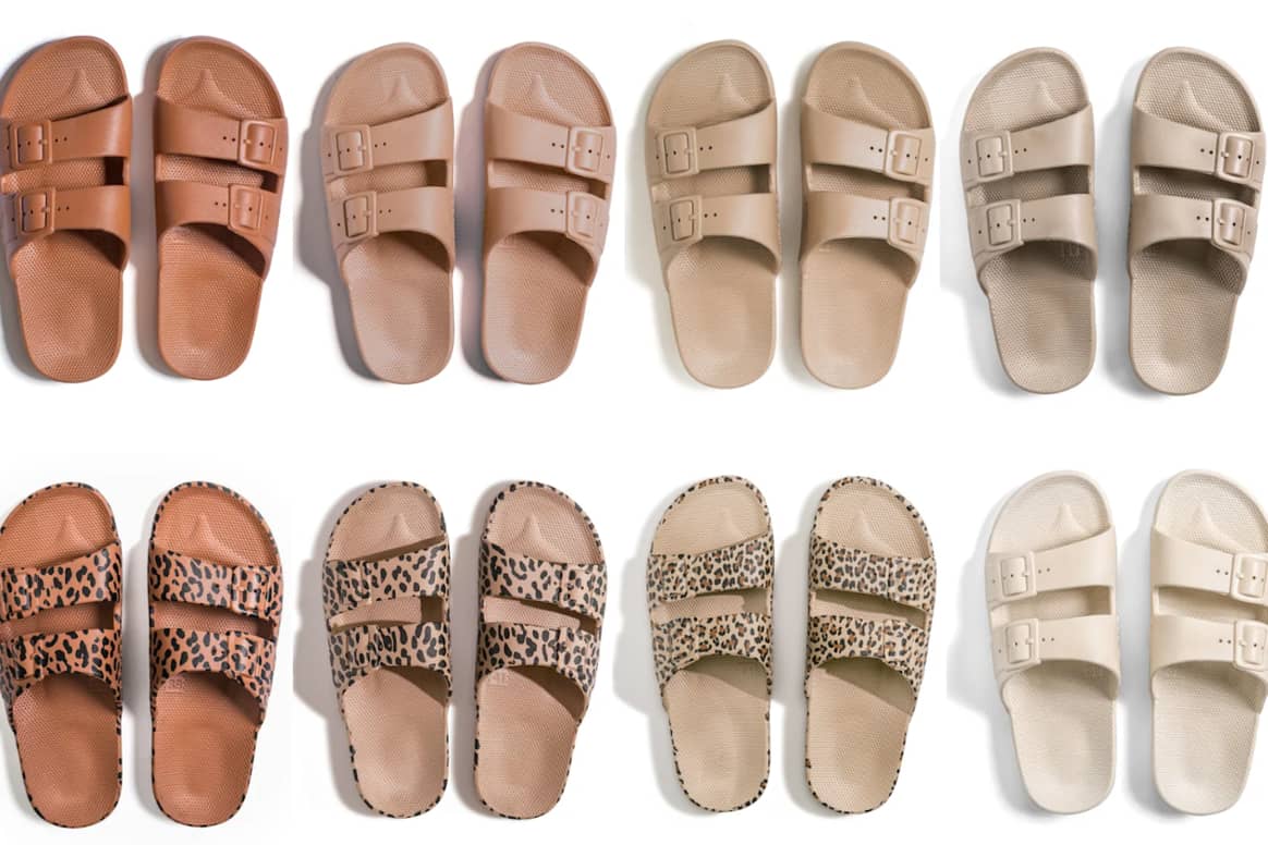 Slides from the footwear label that are in colours of the