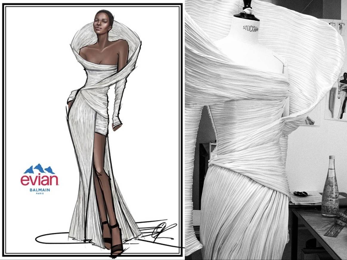 Vestido de Alta Costura elaborado con plástico reciclado. Créditos: Evian x Balmain