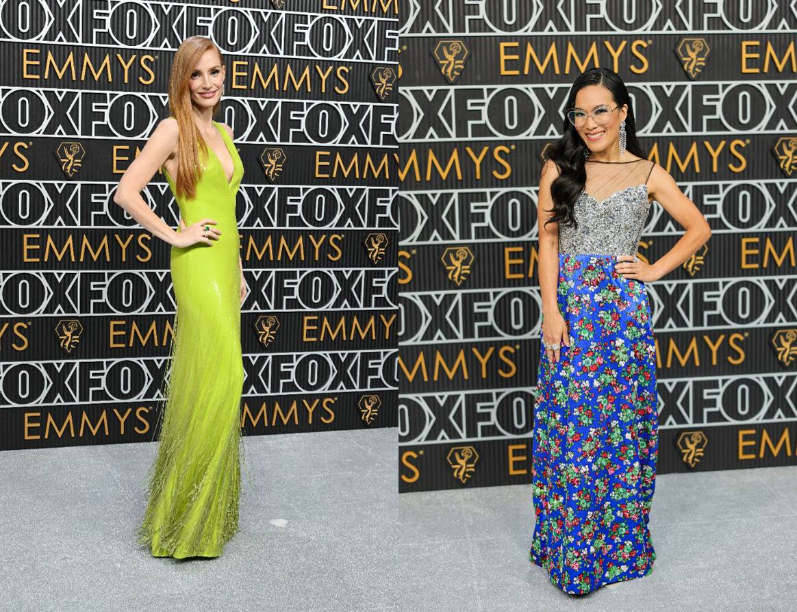 Jessica Chastain wearing Gucci and Ali Wong wearing Louis Vuitton at the 75th Primetime Emmy Awards.