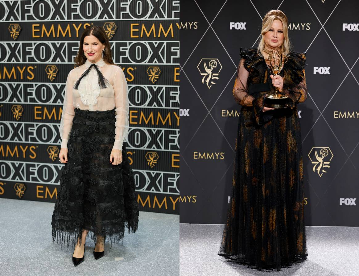 Kathryn Hahn in Dior and Jennifer Coolidge wearing Etro at the 75th Primetime Emmy Awards.