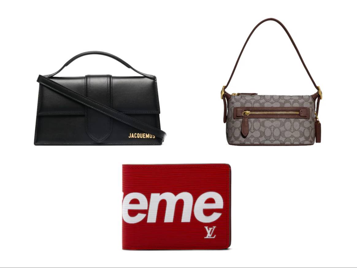 (V.l.n.r.) Le Grand Bambino von Jacquemus, die 'Demi'-Tasche von Coach, die Brieftasche von Louis Vuitton und Supreme.