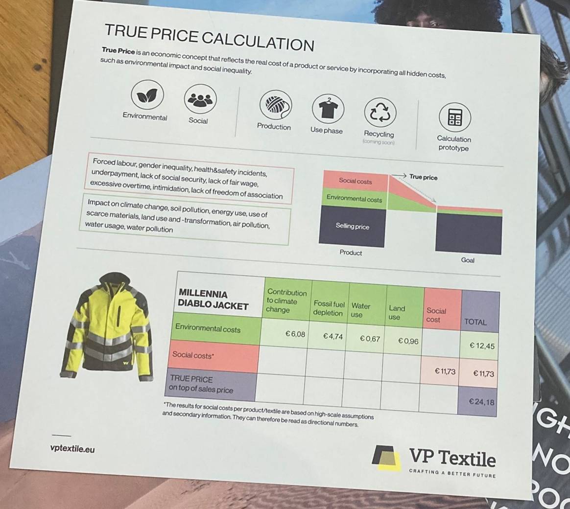 Close up van een True Pricing flyer van VP Textile