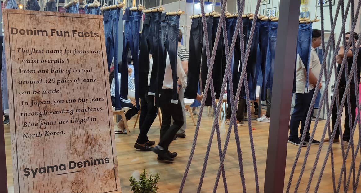 Some “denim fun facts” at the Syama booth.