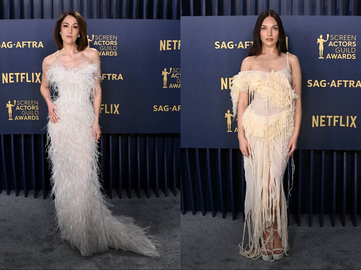Kelley Curran (left) in a feathered dress and Maddie Ziegler in a historical Alexander McQueen dress at the 2024 SAG awards