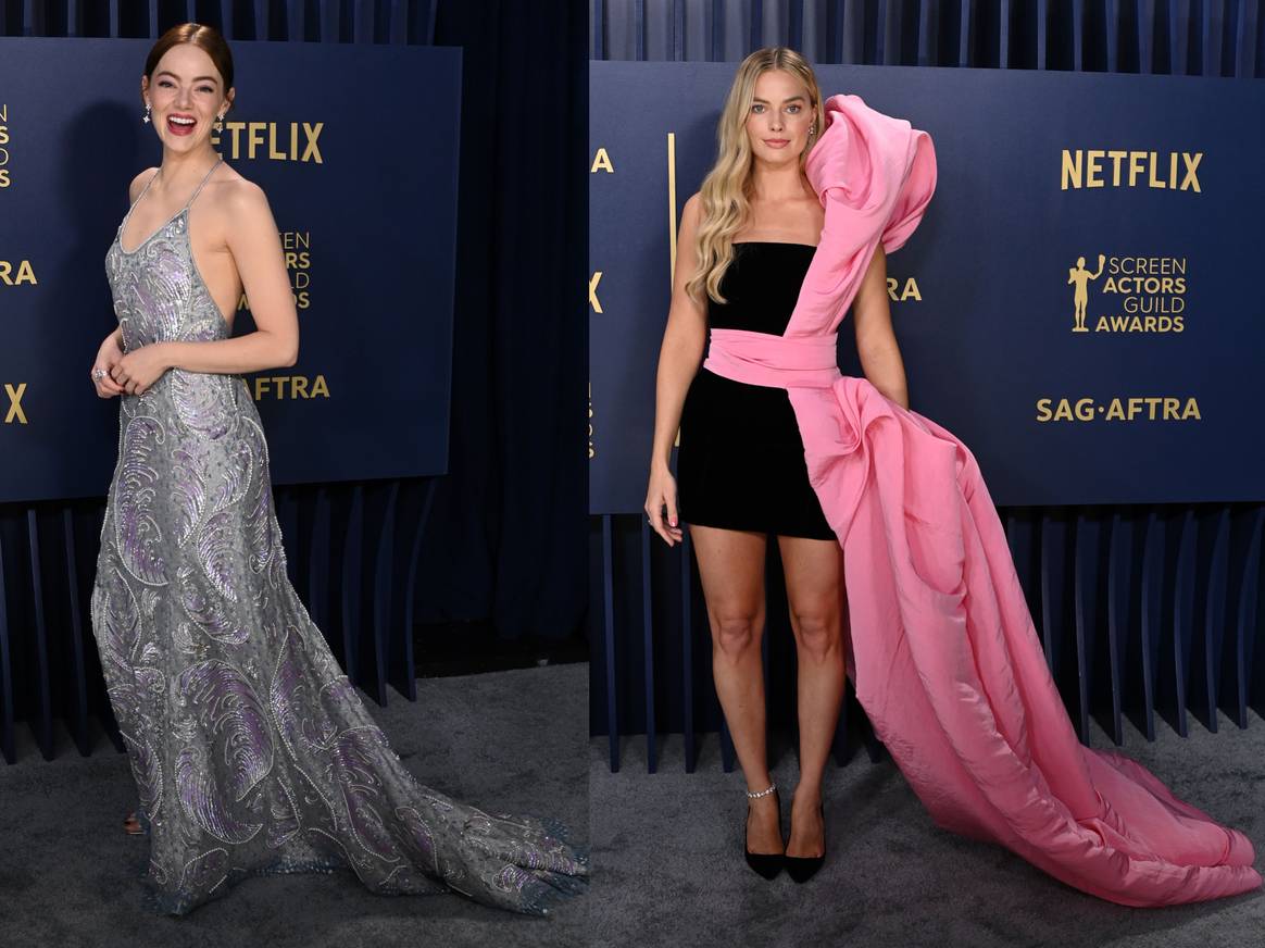 Emma Stone (left) wearing custom Louis Vuitton and Margot Robbie in custom Schiaparelli at the 2024 SAG Awards