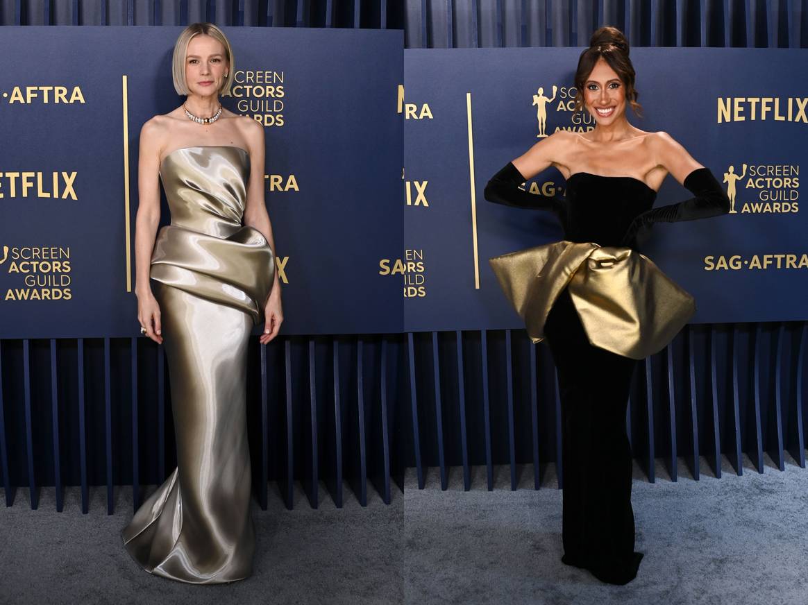Carey Mulligan (left) in satin champagne-hued gown by Armani Privé and Elaine Welteroth in a black velvet strapless gown with a metallic gold peplum midsection by Sophie Couture