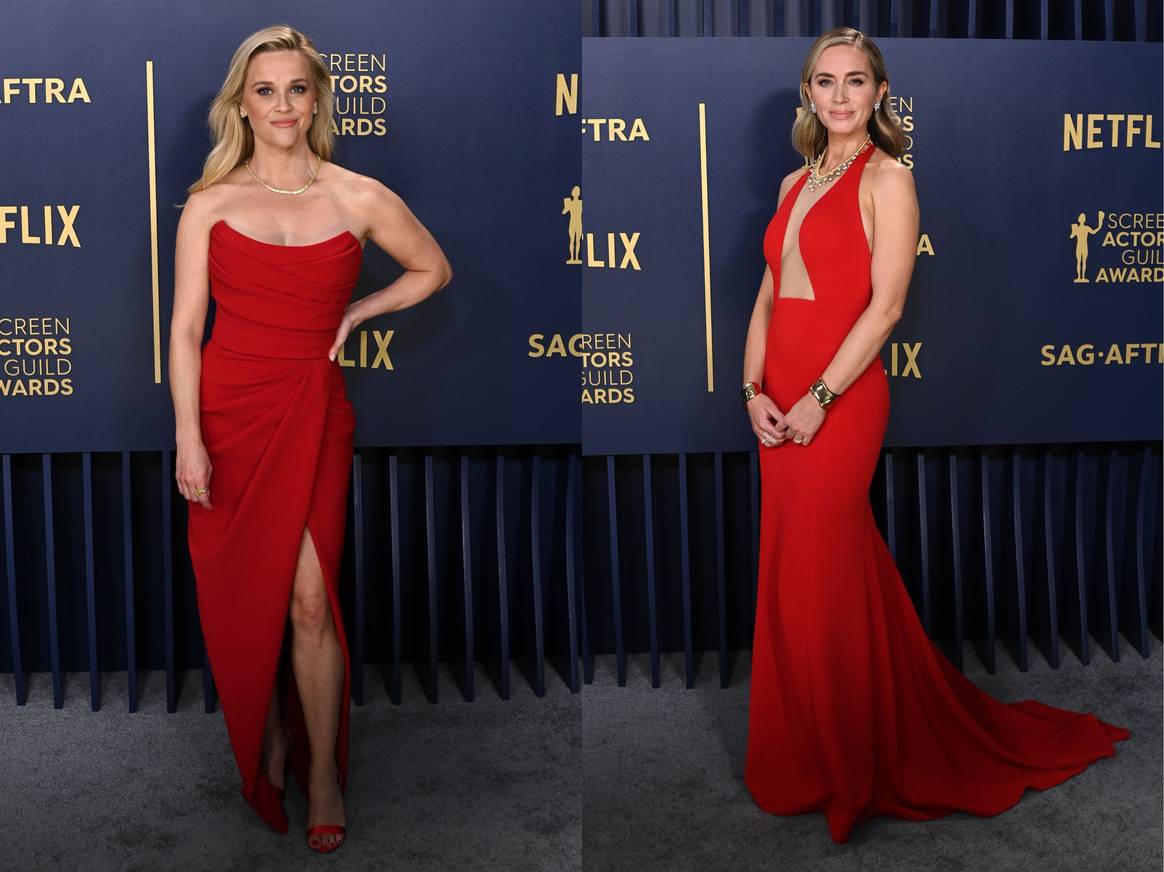 Emily Blunt in a  custom Louis Vuitton gown and Reese Witherspoon in a gown by Elie Saab Couture.