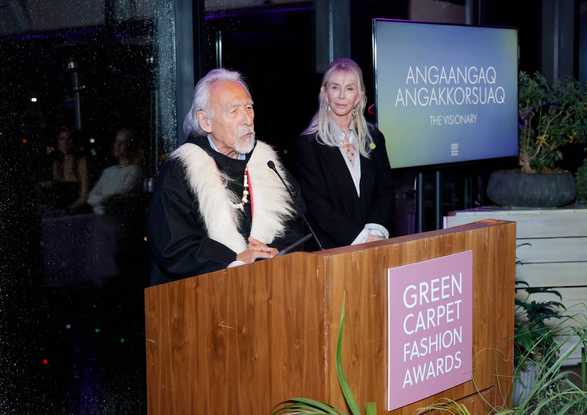 Honoree Angaangaq Angakkorsuaq speaks onstage during the 2024 Green Carpet Fashion Awards.