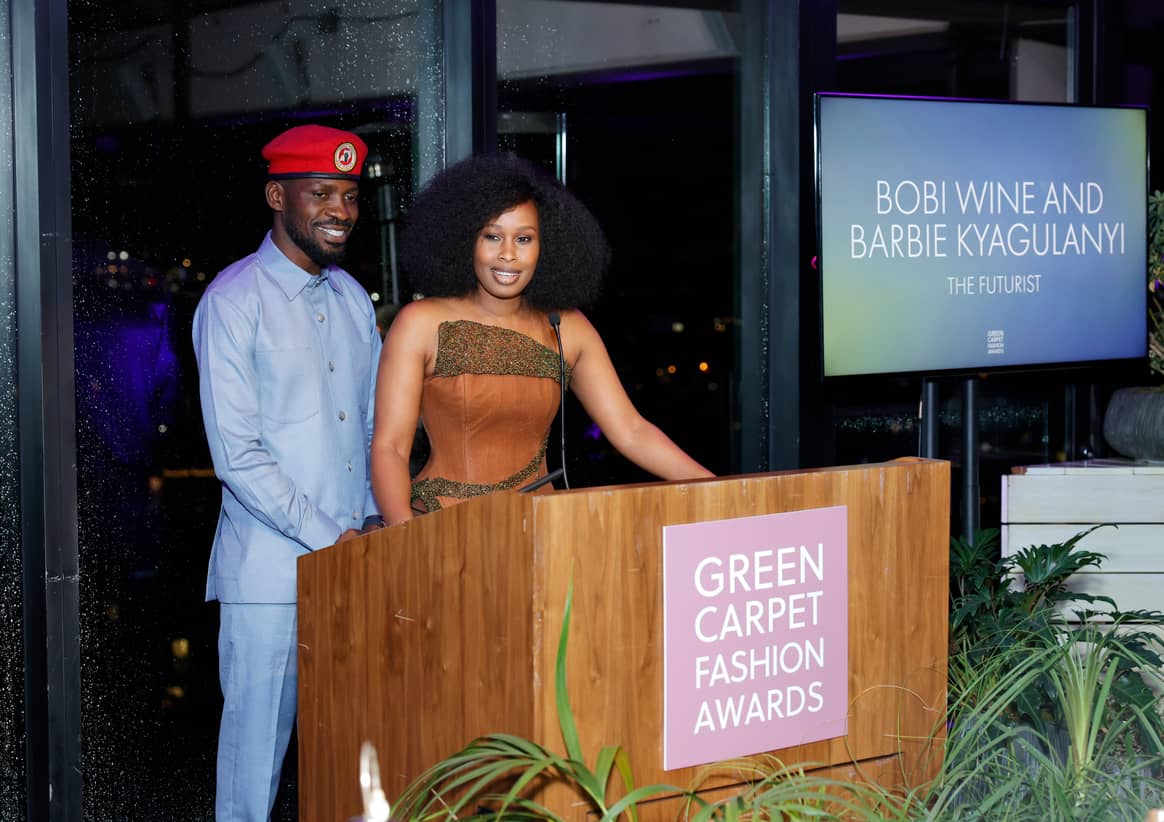 Honorees Bobi Wine and Barbie Kyagulanyi speak onstage during the 2024 Green Carpet Fashion Awards