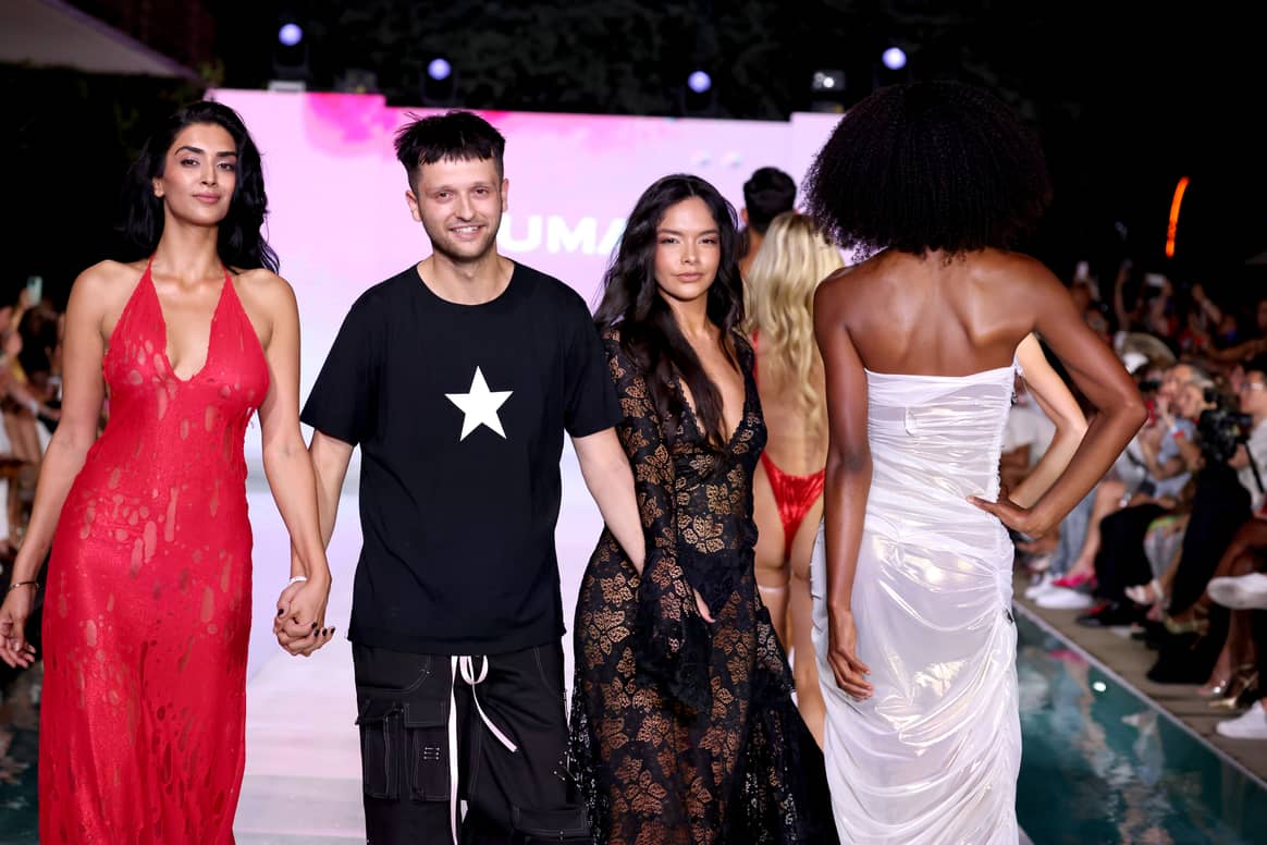 Humans designer (centre) Troy Sylvester at the finale of the brand's Miami Swim Week 2024 show.