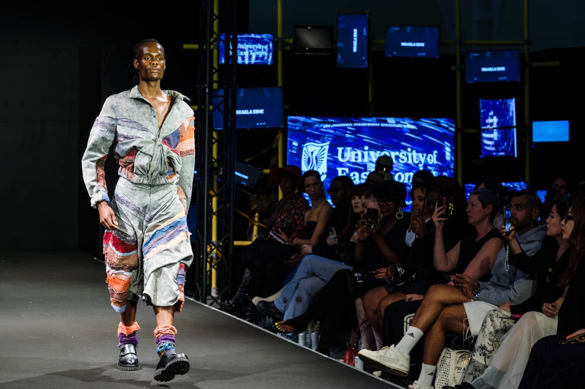 A look from Mikaela Eshe's commended collection, University of East London graduate fashion show. London Fashion Week menswear June 2024.