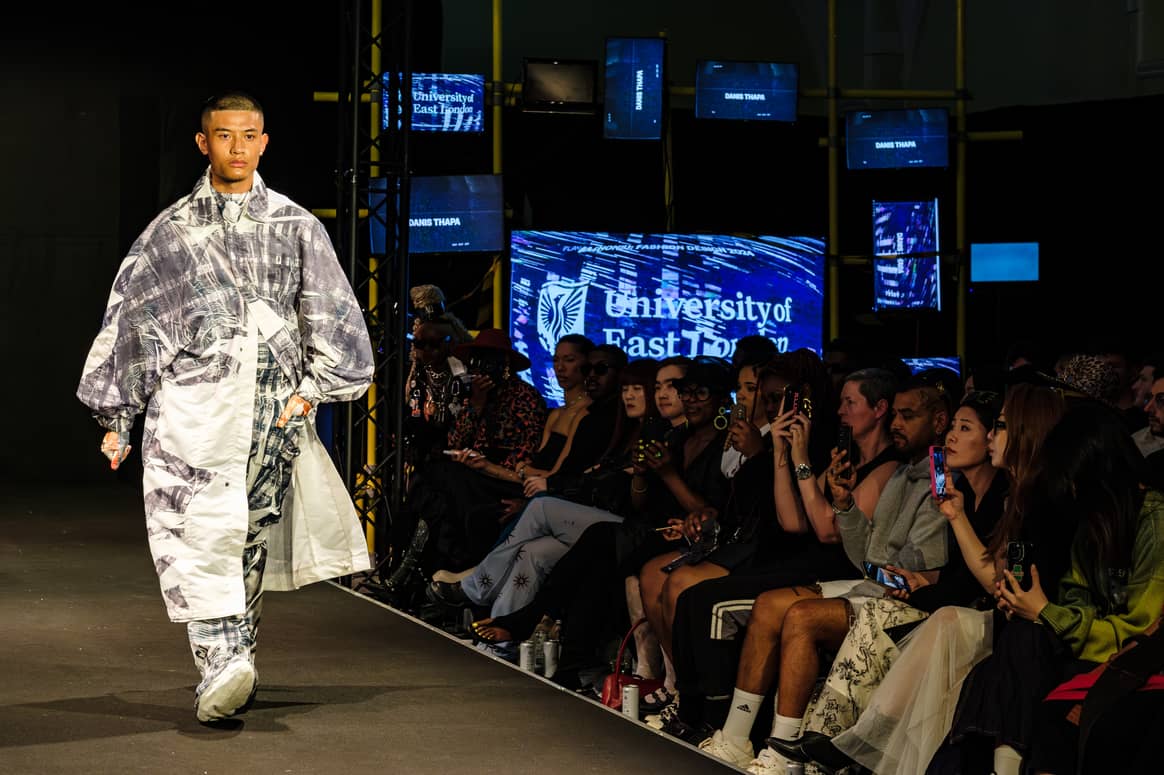 A look from Danis Thapa's winning collection, University of East London graduate fashion show. London Fashion Week menswear June 2024.