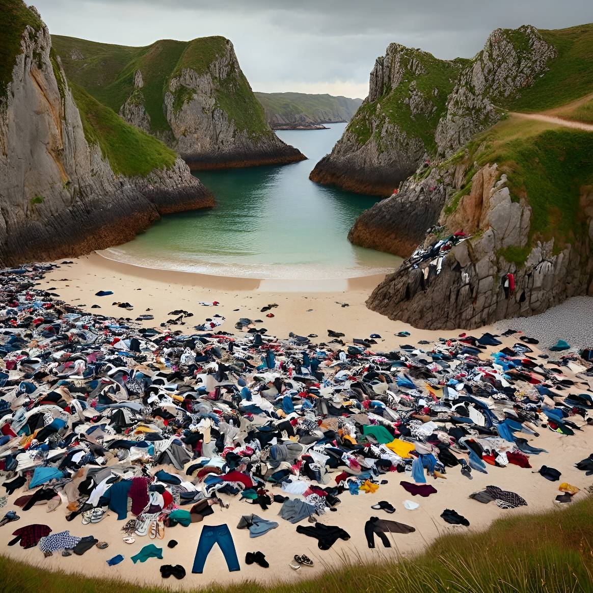 Imagen generada con inteligencia artificial que busca representar cómo se vería la playa de Gulpiyuri llena de residuos textiles.