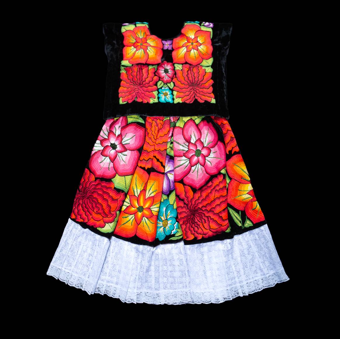 Traje de tehuana ensemble Mexico, c. 1970 Cotton-embroidered silk velvet & machine-made cotton lace Gift of Andrea Tice