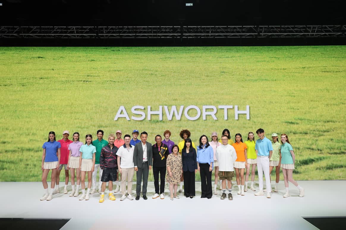 Finale of Mountain Yam x Ashworth's runway show at Centrestage Hong Kong 2024. Mountain Yam (front left) and William Fu (front centre) with associates and models.