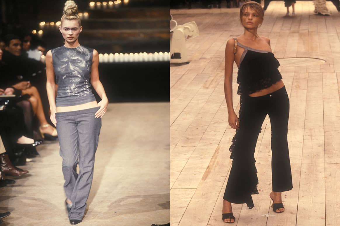 Alexander McQueen’s iconic “bumster” trousers were at the forefront of the low-rise waist trend. The photo on the left shows supermodel Kate Moss wearing low-rise trousers on the catwalk. Later, McQueen created more accessible versions of the low-rise style trousers. The photo on the right shows a design from the Alexander McQueen SS99 collection. Credit: Alexander McQueen AW96 collection, Catwalk Pictures (Archives) & Alexander McQueen SS99, Catwalk Pictures (Archives).