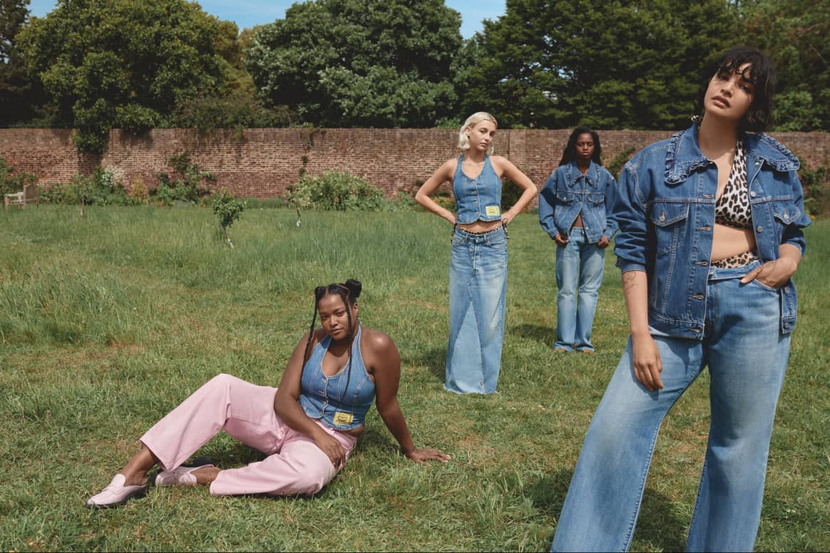 In this picture, you can see all kinds of denim garments: not just jeans, but also a denim jacket, denim waistcoat and denim skirt. Image: Levi's® x GANNI collaboration via Finally Comunicaciones PR.