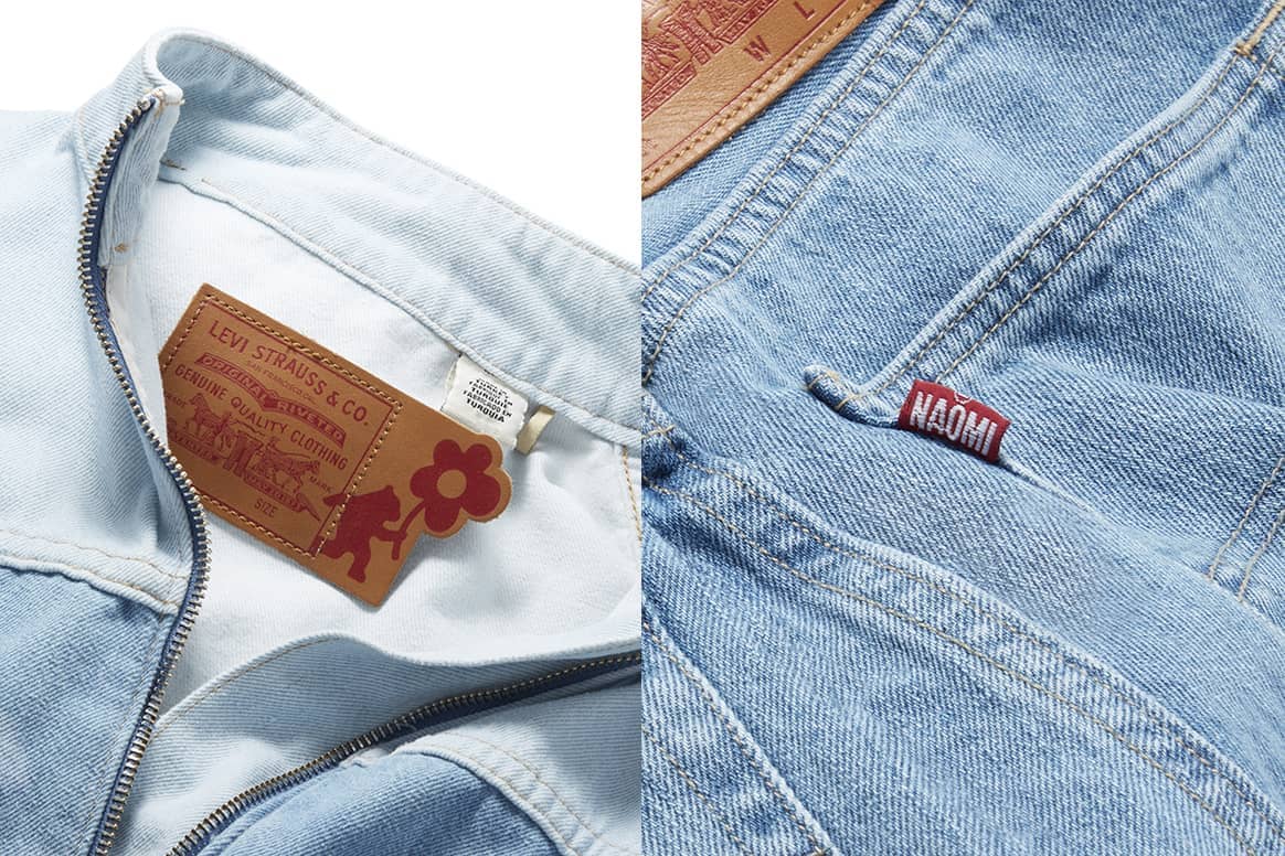 In the left image (and right image at the very top) you can see a leather tag and in the image on the right you can see a tag on the back pocket. Image: Levi's® x Naomi Osaka, via Zeno Group
