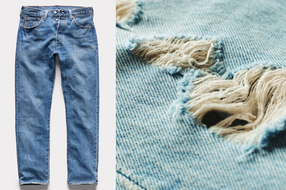 Distressed jeans with a 'worn' look from Levi's. The right photo shows a distressed jeans (see terminology box below). Credit: Levi's Buy Better, Wear Longer FW2022, via Finally Comunicaciones PR.