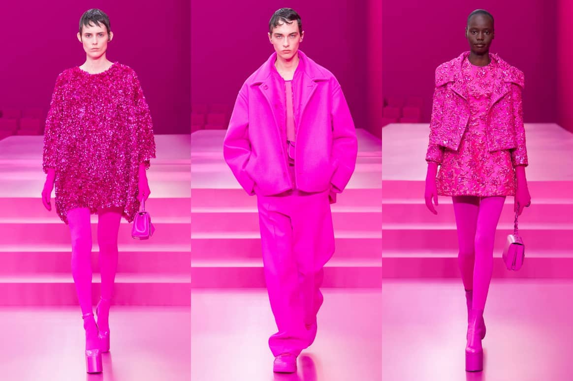 Valentino a lancé une tendance cette année (2022) avec sa collection FW22 rose vif que la maison de couture italienne a présentée sur le podium en mars dernier. La teinte magenta vif « Pink PP » a été créée par Pierpaolo Piccioli, directeur artistique de Valentino, en collaboration avec Pantone. L'image est la propriété de Valentino.