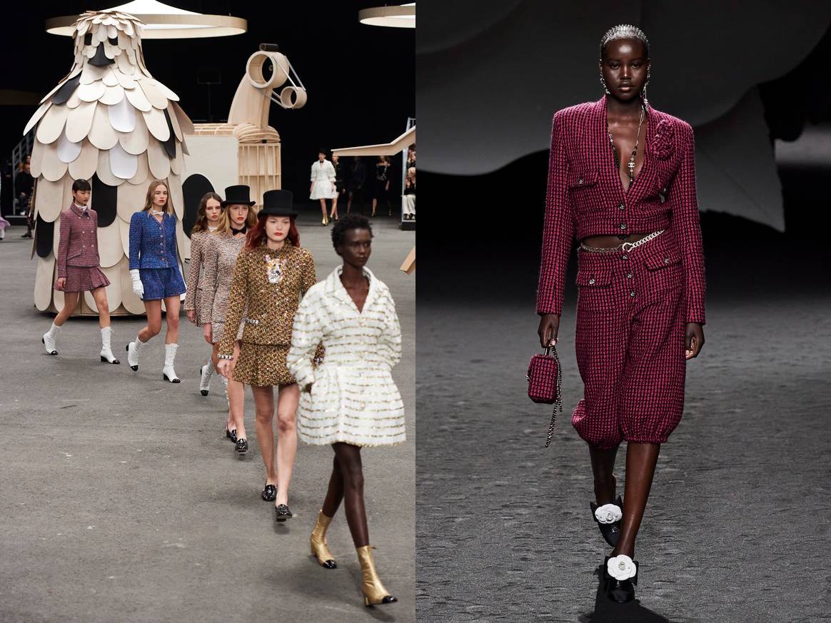 In diesen Bildern sehen Sie Chanel F/S23 Haute Couture (links) & Chanel ready-to-wear H/W23 (rechts) via Launchmetrics Spotlight.