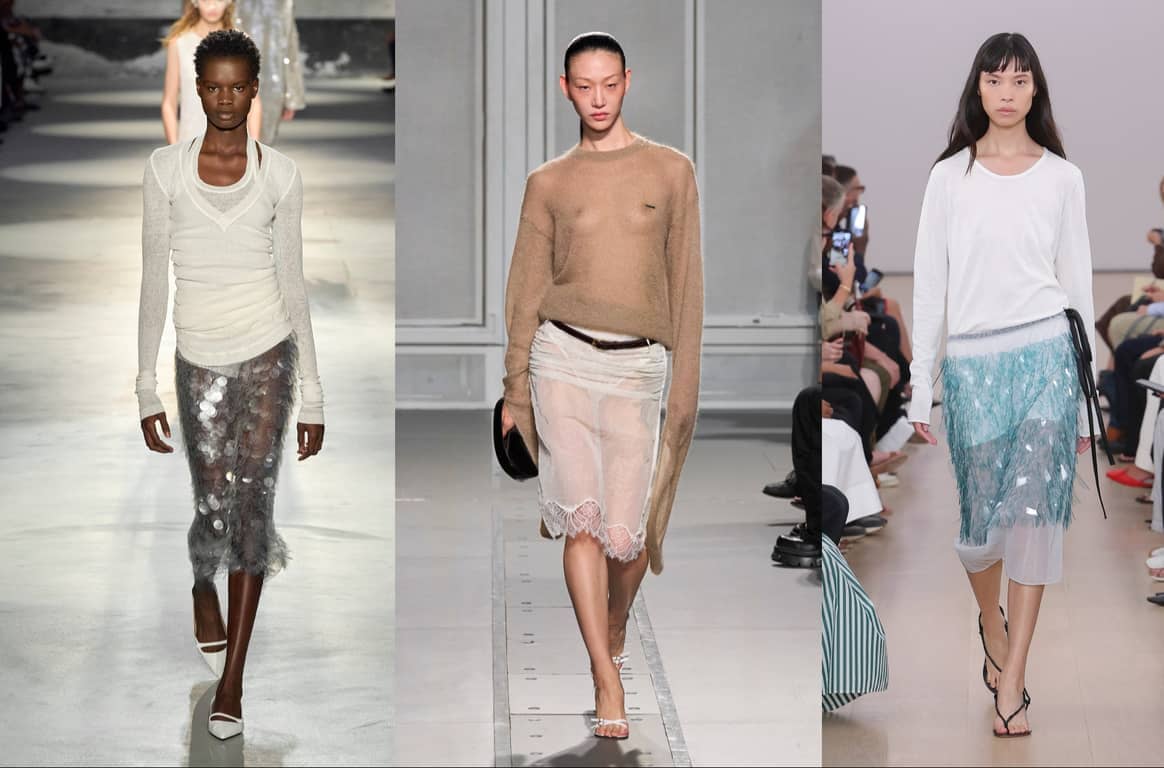 from left to right: transparent skirts by N.21, Coperni and Proenza Schouler