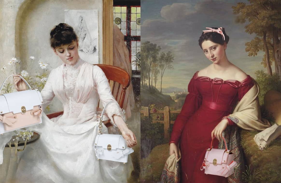 Credits: Thomas Khenington Suknia Slubna (links) & Portret van een jonge vrouw in een rode jurk met een paisley shawl van Eduard Friedrich Leybold, 1824 met tas (rechts)..