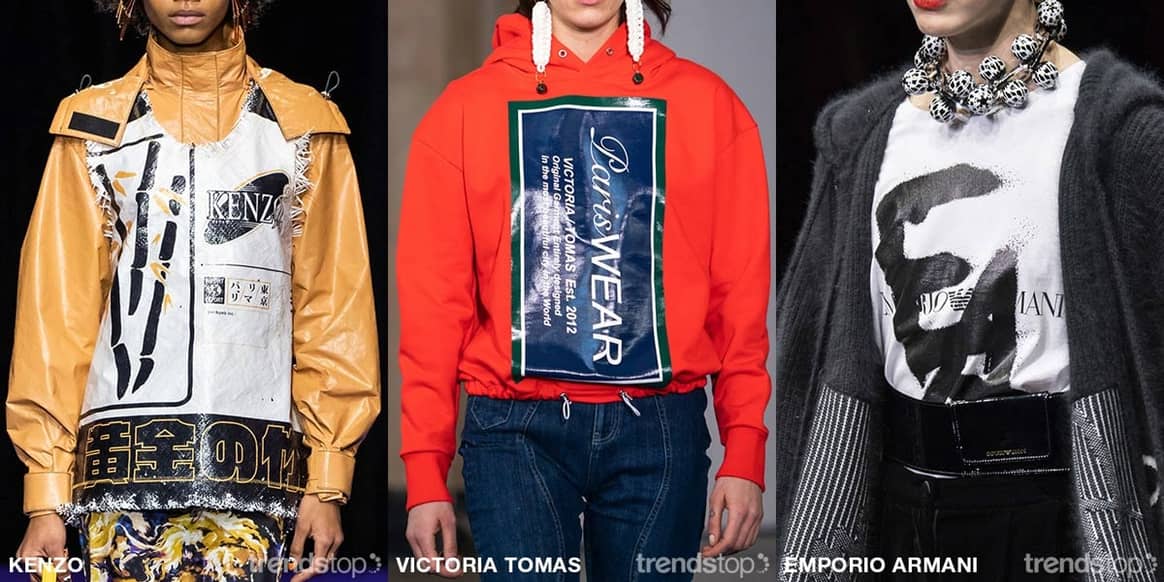 Photo : Trendstop, de gauche à droite : Kenzo,

Victoria Tomas, Emporio Armani, collection automne-hiver 2019-20.