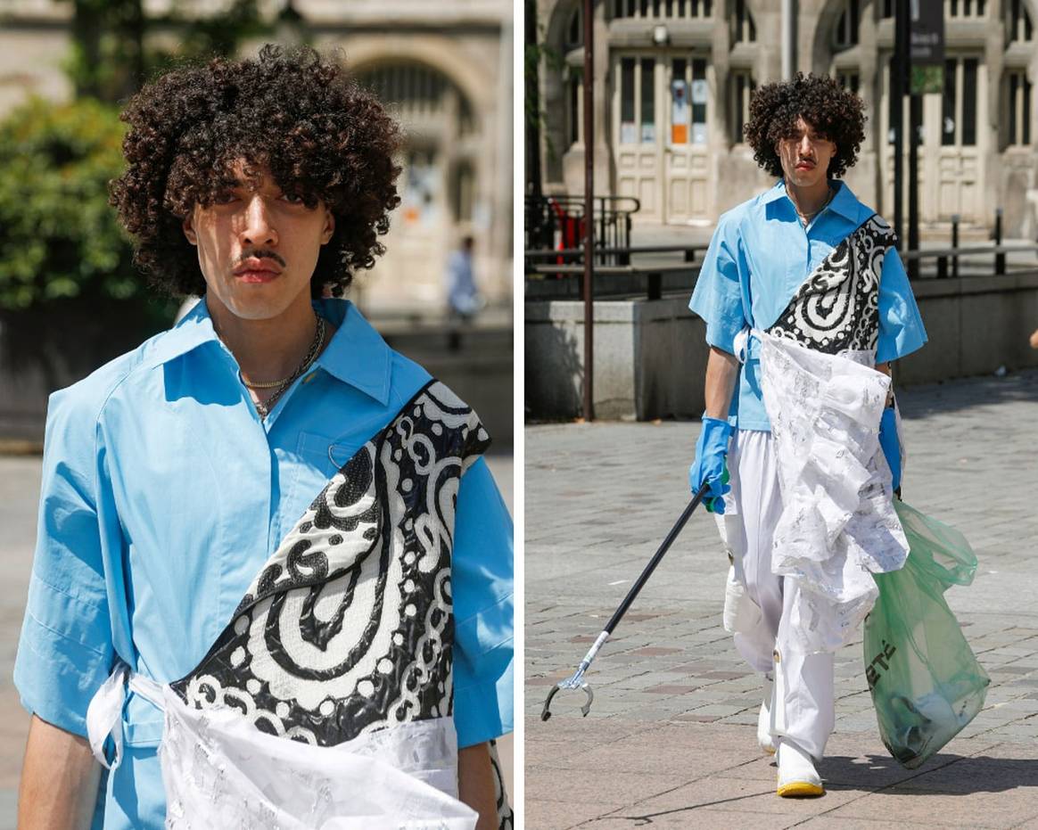 Schueller de Waal cleans the streets during couture week