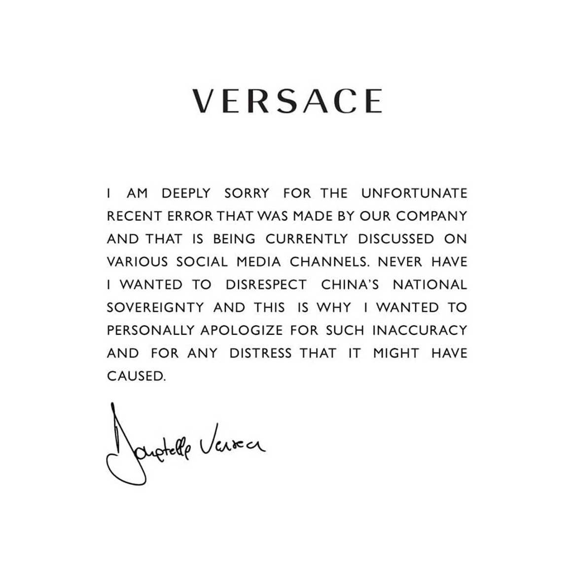 Versace принес публичные извинения в адрес Китая