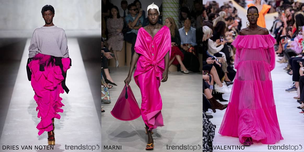 Photo : Trendstop, de gauche à droite : Dries Van Noten,
Marni, Valentino, collection printemps-été 2020.