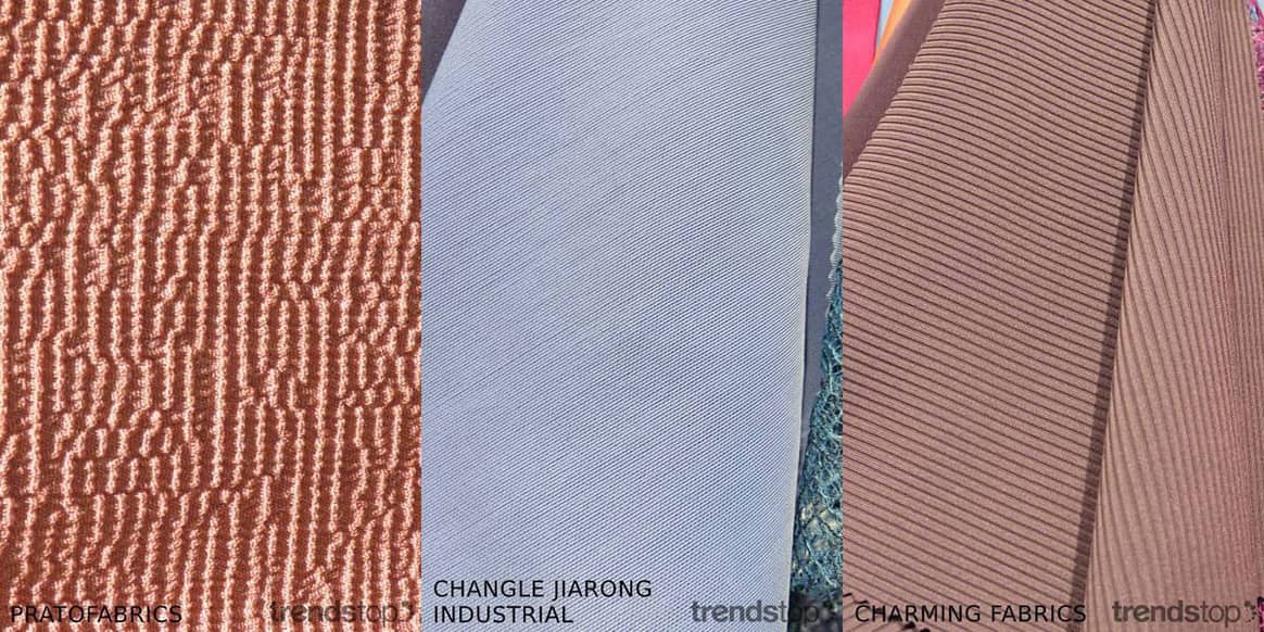 Bilder mit freundlicher Genehmigung von Trendstop, von links nach rechts:
Pratofabrics, Changle Jiarong

Industrial, Charming Fabrics, alle Herbst/Winter
2020-21.