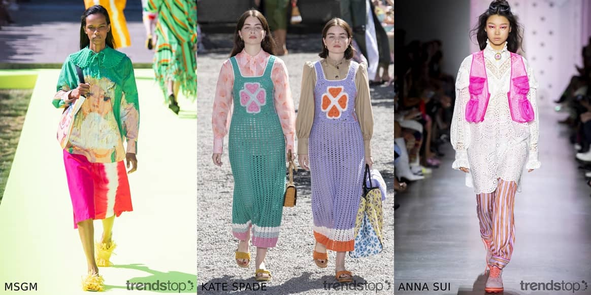 Imágenes cortesía de Trendstop, de izquierda a derecha: MSGM,
Kate Spade, Anna Sui, todas de la temporada Primavera Verano 2020.