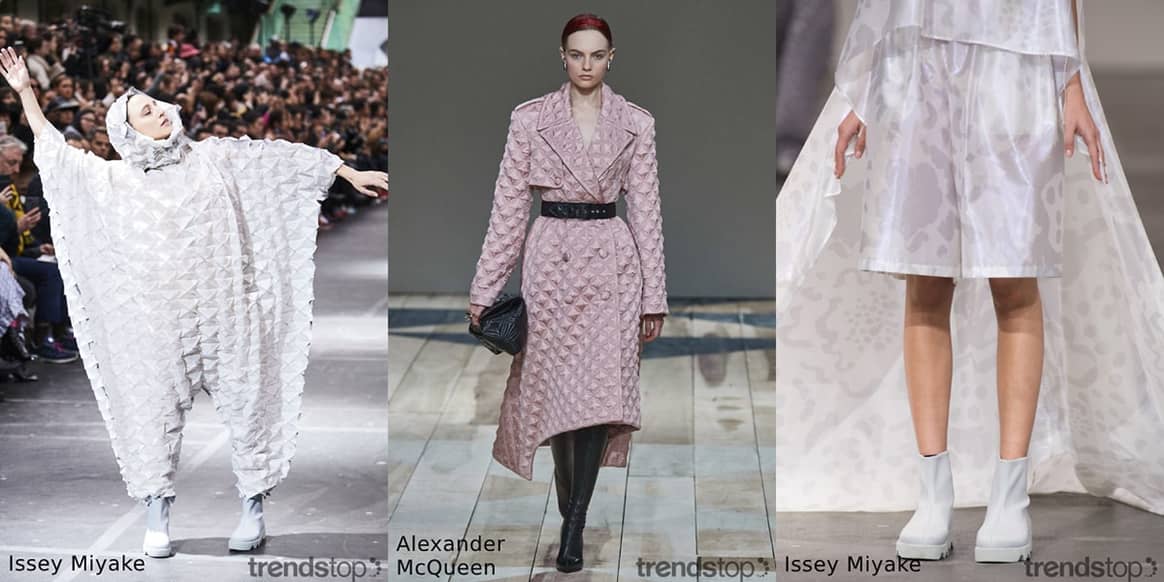 Crédit : Trendstop, de gauche à droite : Issey Miyake,
Alexander McQueen, Issey Miyake, collection automne-hiver
2020-21.
