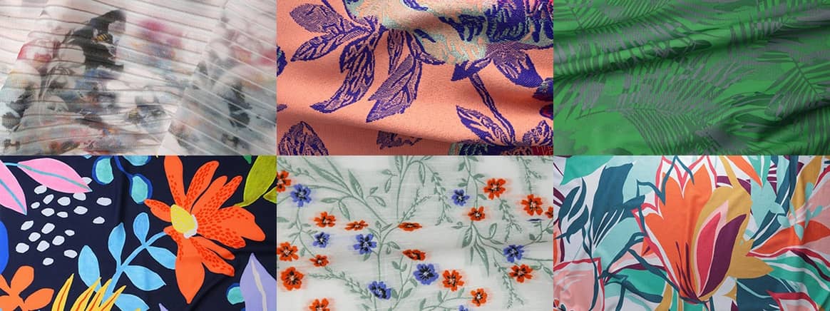 Image: six fabrics that fit the Exotic trend.
Image taken at Premiere Vision, courtesy Kleur & Stijl