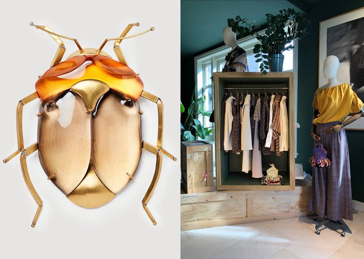 Beeld: Handgemaakte insectenbroche / Limited edition kledingstukken gepresenteerd in transportkisten via Jan Taminiau