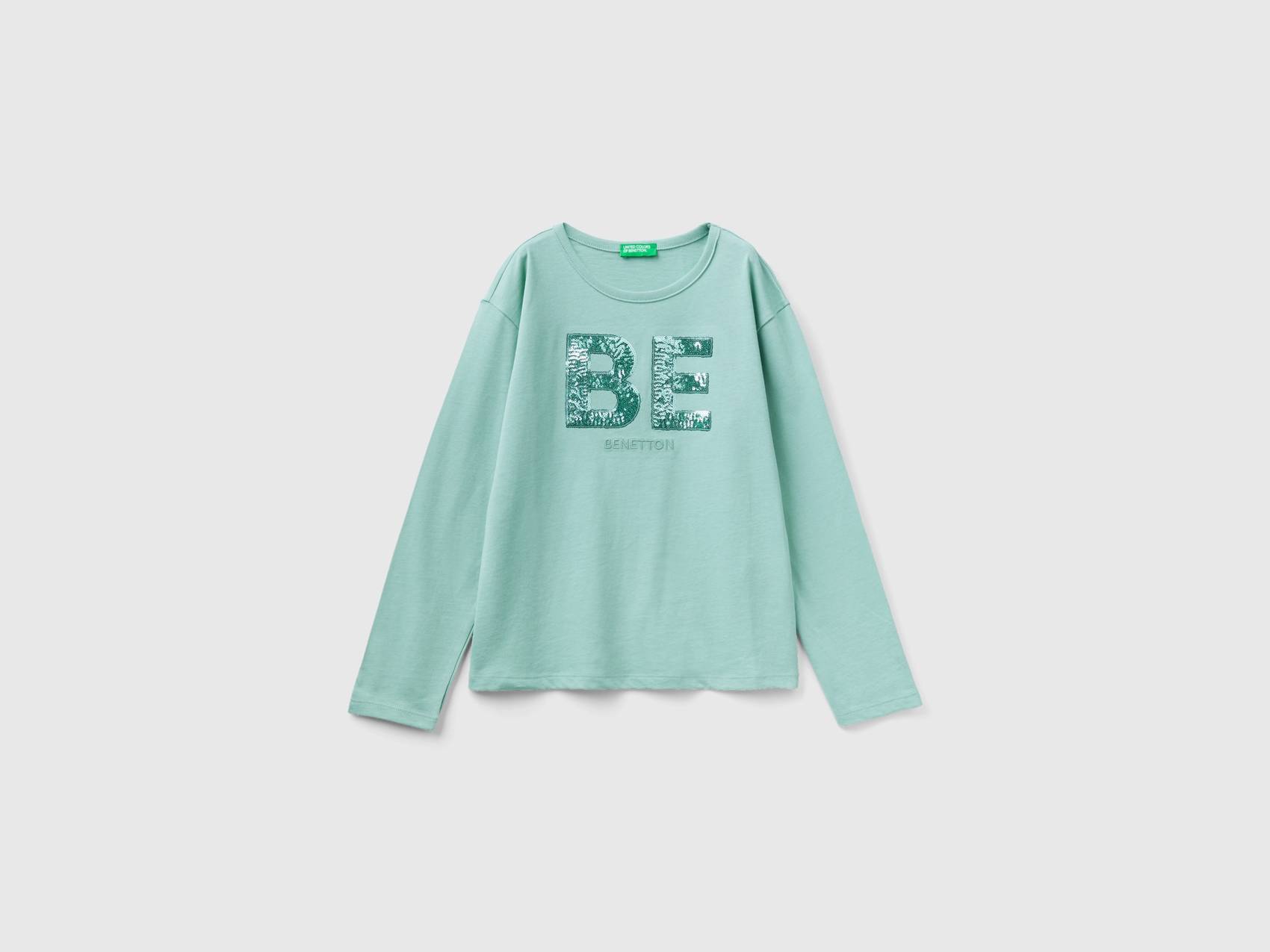 Benetton, T-shirt Aus Warmer Bio-baumwolle Mit Pailletten, größe L,  Türkisblau, female | United Colors of Benetton
